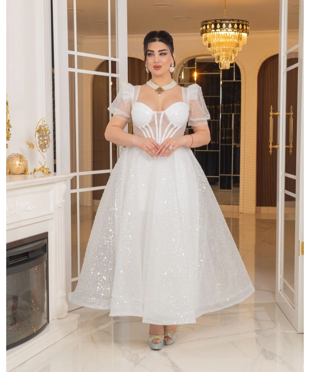 Zarif Işıltılı Tül Etekli, Korse Detaylı, Balon Kol Özel Tasarım Midi Gelinlik / Abiye Elbise