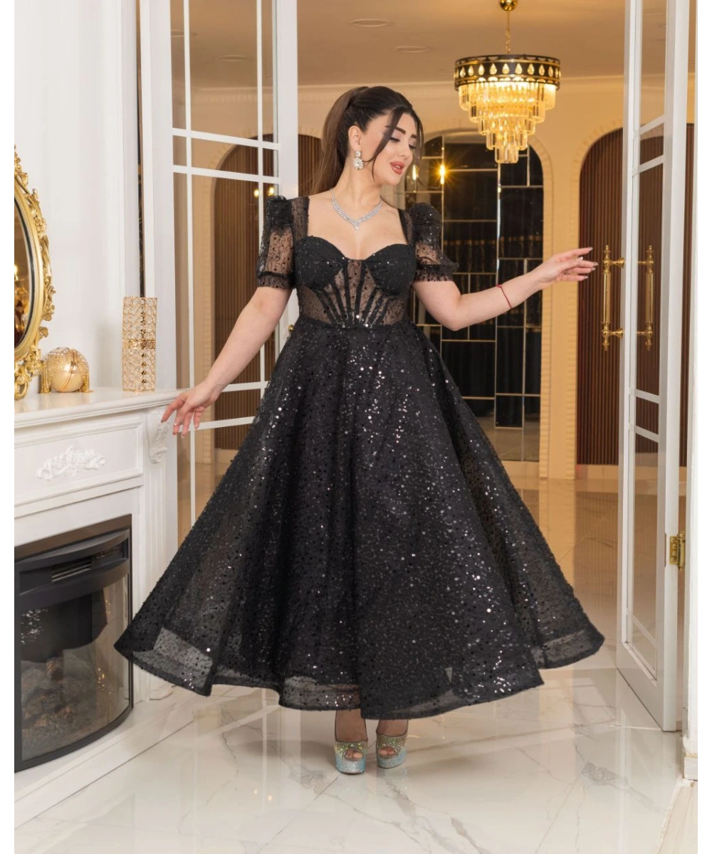 Zarif Işıltılı Tül Etekli, Korse Detaylı, Balon Kol Özel Tasarım Midi Gelinlik / Abiye Elbise