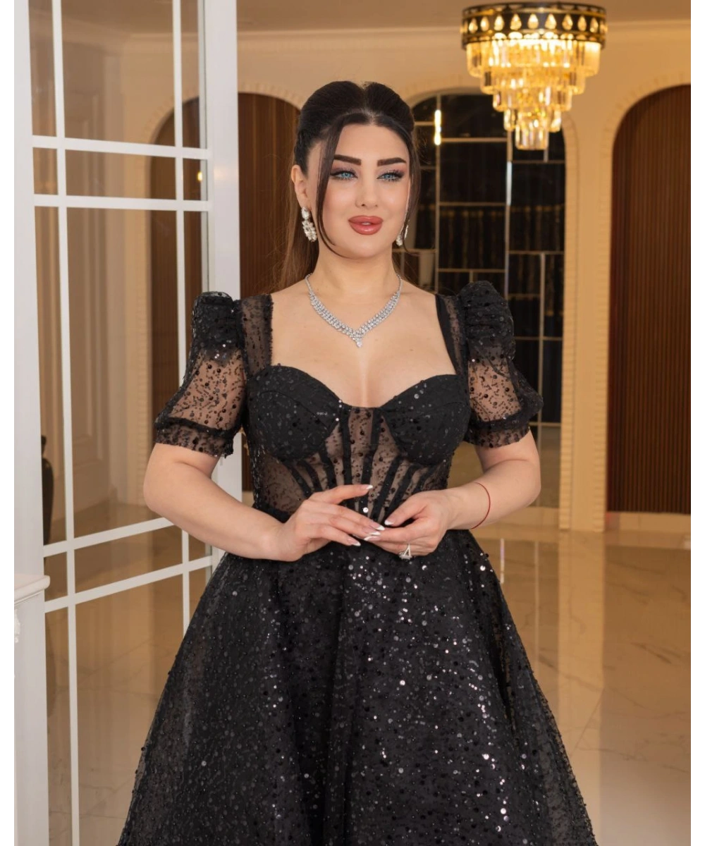 Zarif Işıltılı Tül Etekli, Korse Detaylı, Balon Kol Özel Tasarım Midi Gelinlik / Abiye Elbise