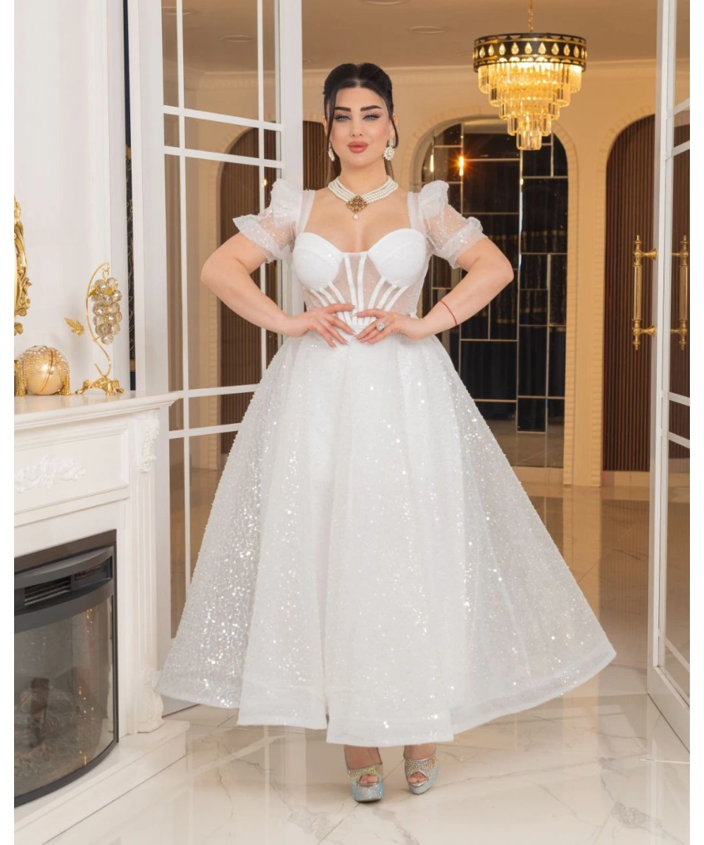 Zarif Işıltılı Tül Etekli, Korse Detaylı, Balon Kol Özel Tasarım Midi Gelinlik / Abiye Elbise