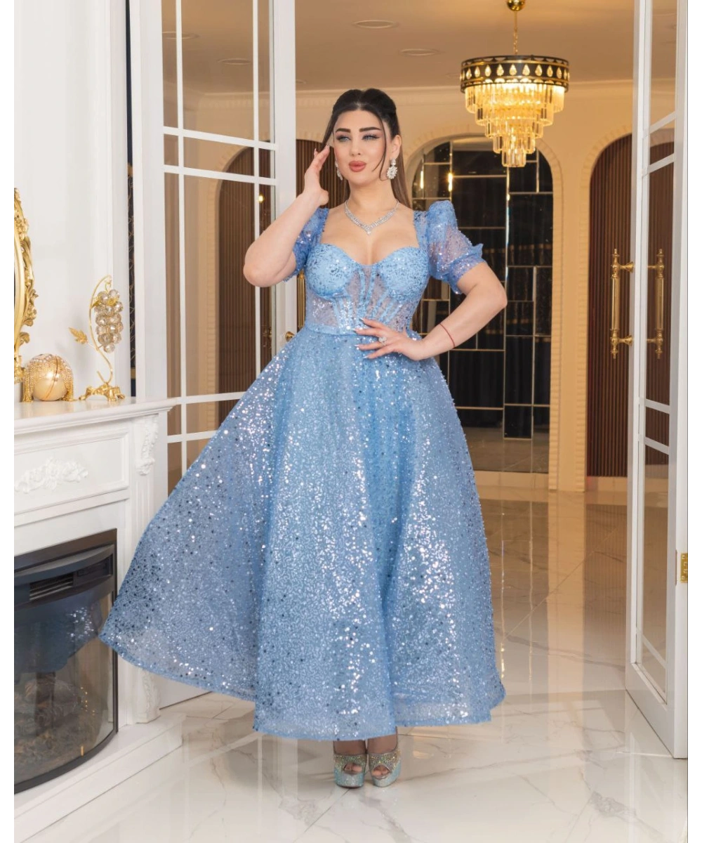 Zarif Işıltılı Tül Etekli, Korse Detaylı, Balon Kol Özel Tasarım Midi Gelinlik / Abiye Elbise