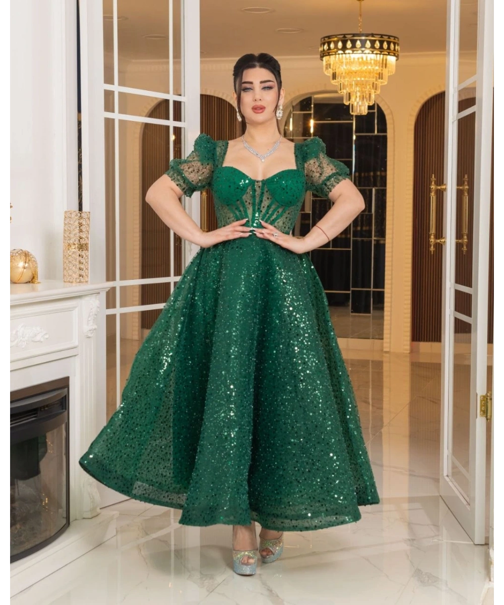 Zarif Işıltılı Tül Etekli, Korse Detaylı, Balon Kol Özel Tasarım Midi Gelinlik / Abiye Elbise