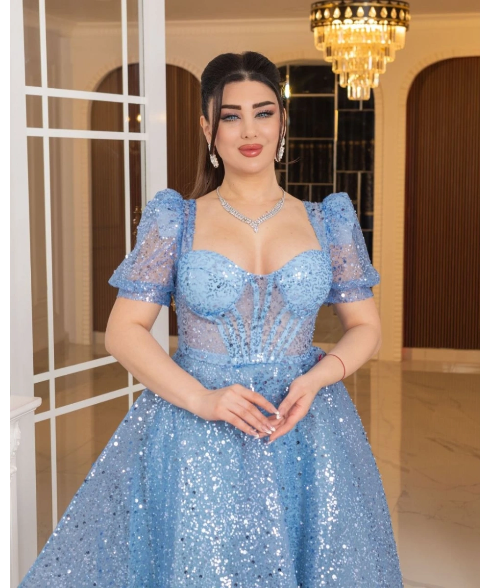 Zarif Işıltılı Tül Etekli, Korse Detaylı, Balon Kol Özel Tasarım Midi Gelinlik / Abiye Elbise