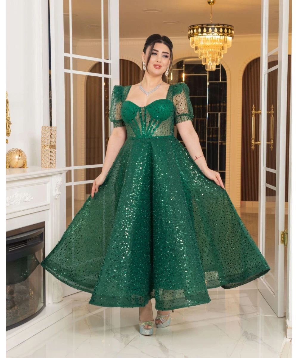 Zarif Işıltılı Tül Etekli, Korse Detaylı, Balon Kol Özel Tasarım Midi Gelinlik / Abiye Elbise