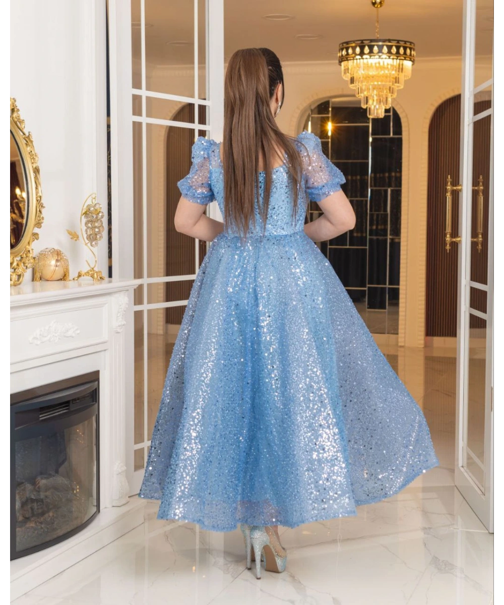 Zarif Işıltılı Tül Etekli, Korse Detaylı, Balon Kol Özel Tasarım Midi Gelinlik / Abiye Elbise