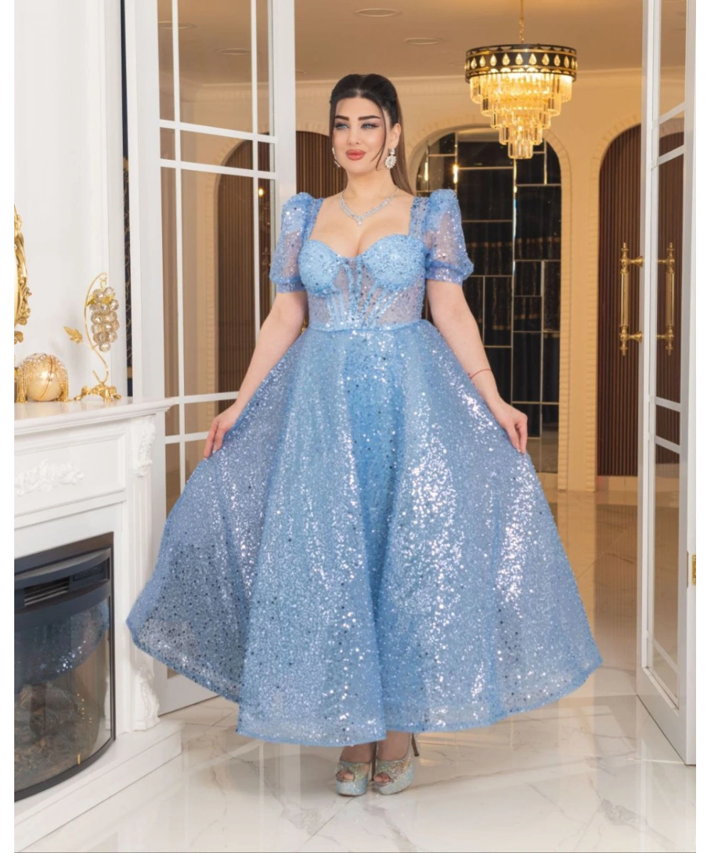 Zarif Işıltılı Tül Etekli, Korse Detaylı, Balon Kol Özel Tasarım Midi Gelinlik / Abiye Elbise