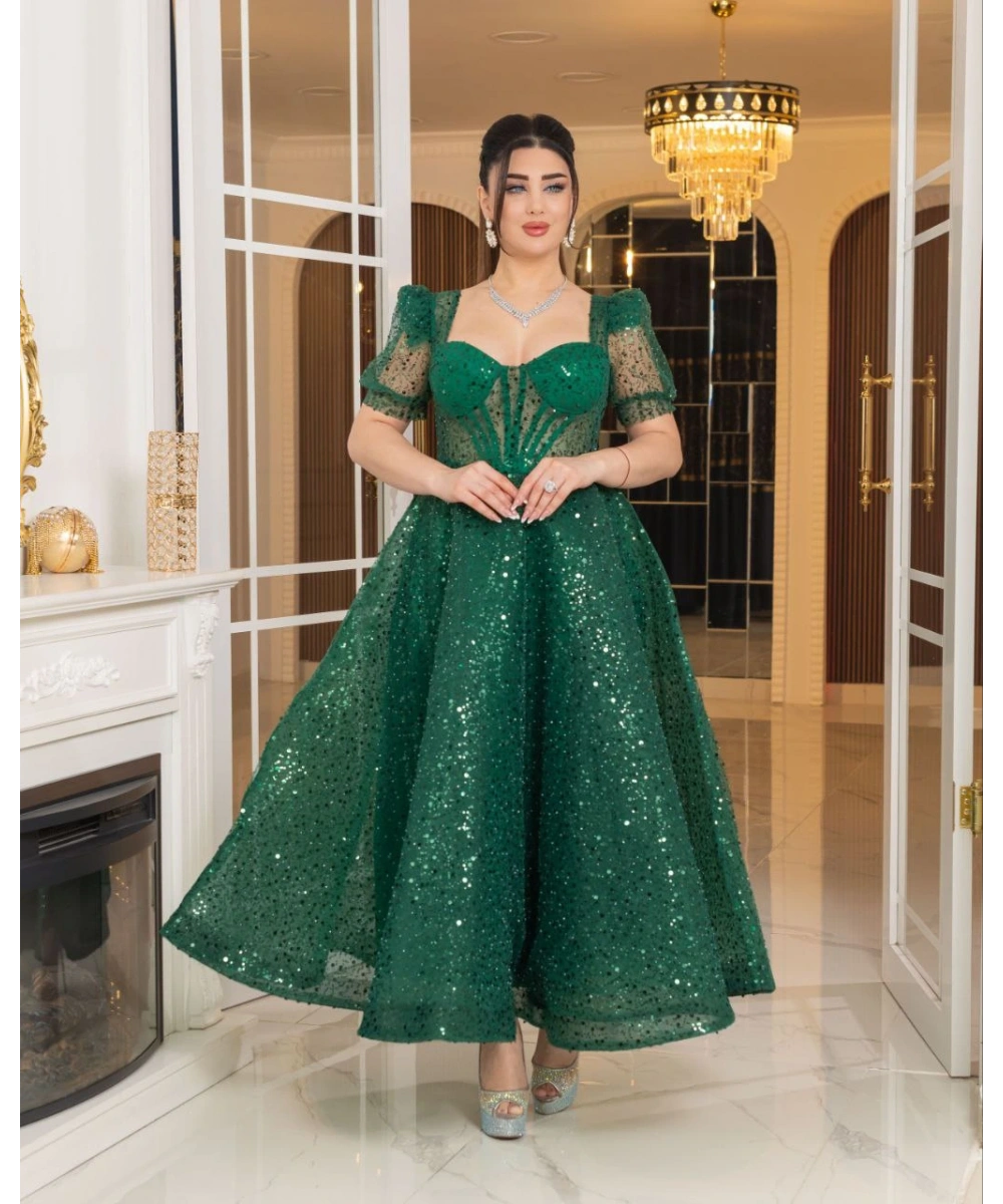 Zarif Işıltılı Tül Etekli, Korse Detaylı, Balon Kol Özel Tasarım Midi Gelinlik / Abiye Elbise