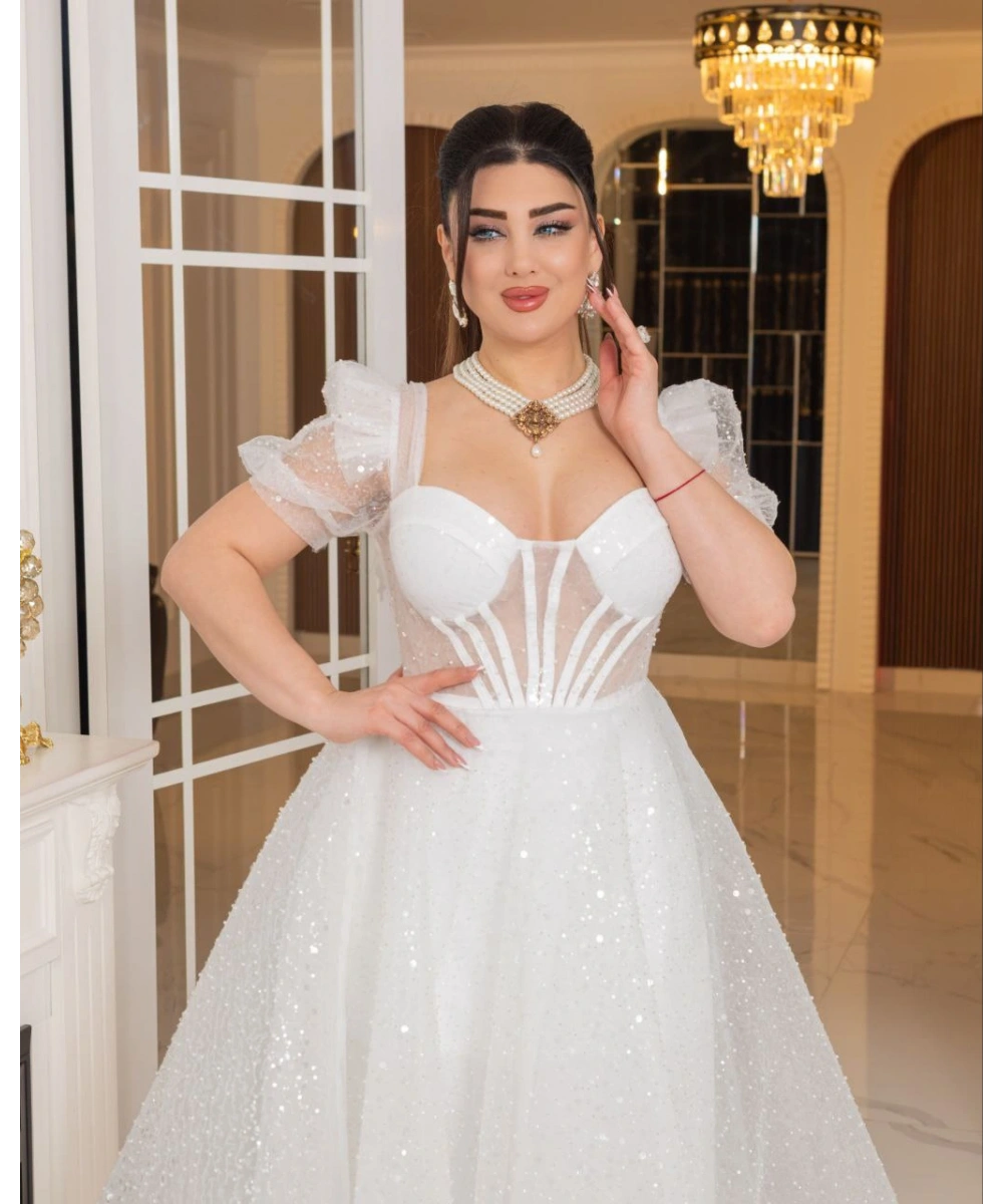 Zarif Işıltılı Tül Etekli, Korse Detaylı, Balon Kol Özel Tasarım Midi Gelinlik / Abiye Elbise