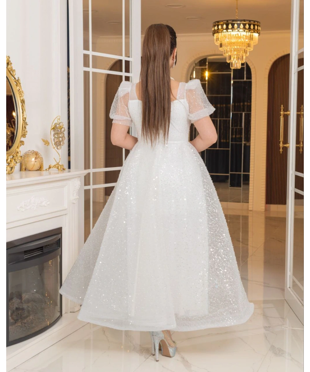 Zarif Işıltılı Tül Etekli, Korse Detaylı, Balon Kol Özel Tasarım Midi Gelinlik / Abiye Elbise