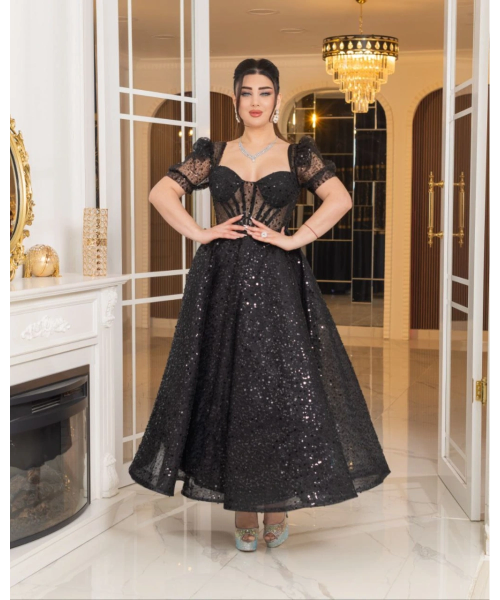 Zarif Işıltılı Tül Etekli, Korse Detaylı, Balon Kol Özel Tasarım Midi Gelinlik / Abiye Elbise