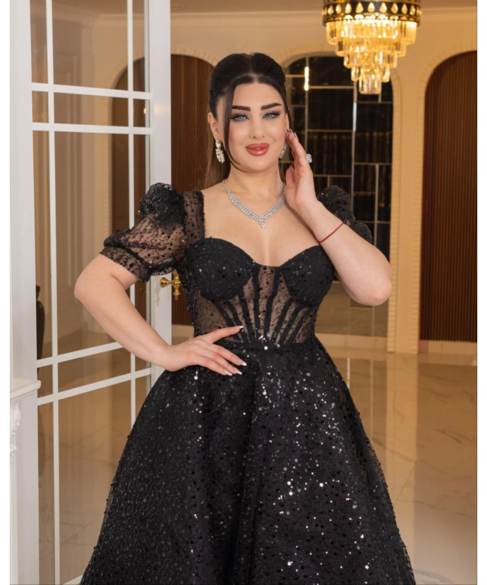 Zarif Işıltılı Tül Etekli, Korse Detaylı, Balon Kol Özel Tasarım Midi Gelinlik / Abiye Elbise