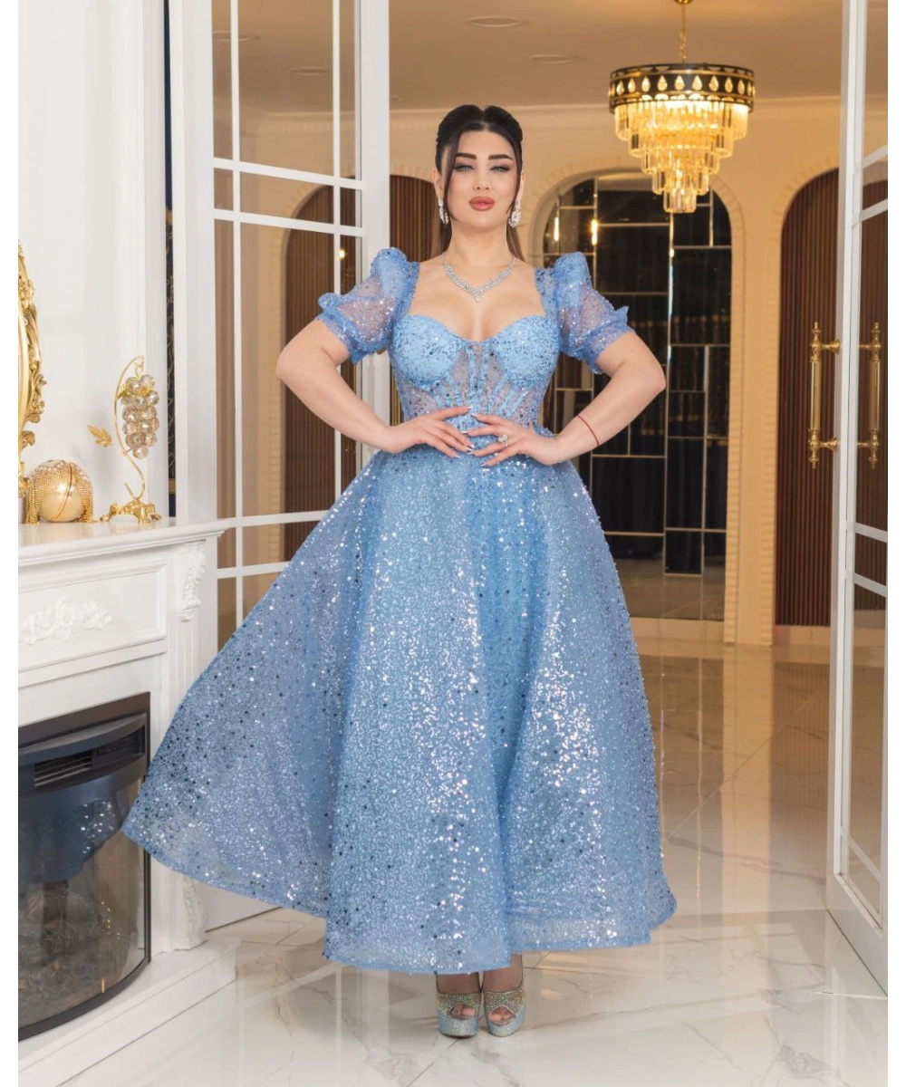 Zarif Işıltılı Tül Etekli, Korse Detaylı, Balon Kol Özel Tasarım Midi Gelinlik / Abiye Elbise