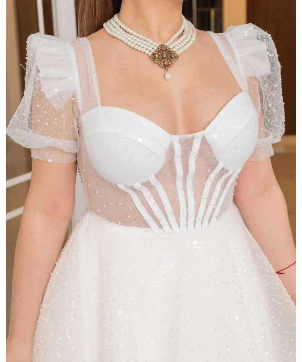 Zarif Işıltılı Tül Etekli, Korse Detaylı, Balon Kol Özel Tasarım Midi Gelinlik / Abiye Elbise