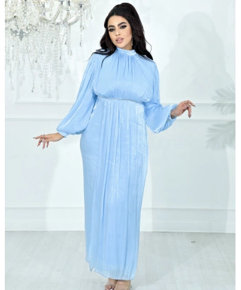 Yüksek Yaka, Bel Taş Detaylı, Uzun Kollu, Dökümlü Şifon Uzun Abiye Elbise