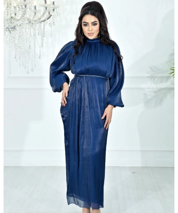 Yüksek Yaka, Bel Taş Detaylı, Uzun Kollu, Dökümlü Şifon Uzun Abiye Elbise