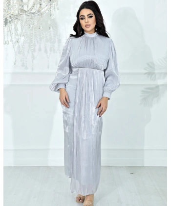 Yüksek Yaka, Bel Taş Detaylı, Uzun Kollu, Dökümlü Şifon Uzun Abiye Elbise