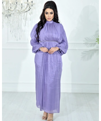 Yüksek Yaka, Bel Taş Detaylı, Uzun Kollu, Dökümlü Şifon Uzun Abiye Elbise