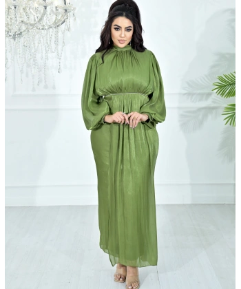 Yüksek Yaka, Bel Taş Detaylı, Uzun Kollu, Dökümlü Şifon Uzun Abiye Elbise