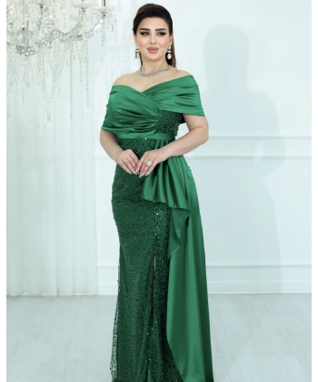 İncili Payet Saten Tasarım Yırtmaçlı Kolsuz Pelerinli Elbise Abiye