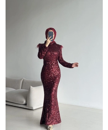 Boru Payet Omuzları Tüy Detaylı Abiye