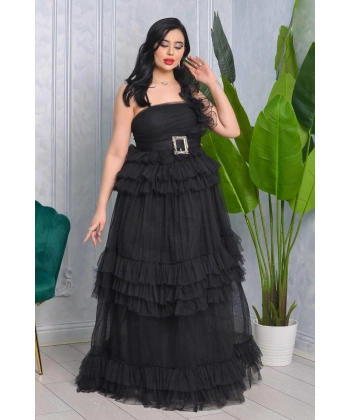 Missine Büzgülü Dekolteli Yırtmaçlı Kemerli Tül Uzun Elbise Abiye