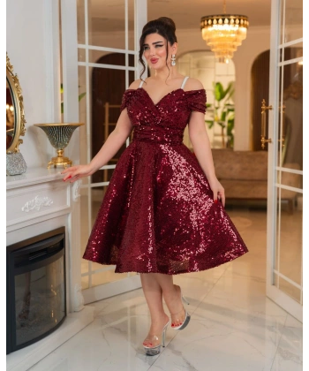 Altın Payetli Omuz Açık Drapeli Abiye Elbise