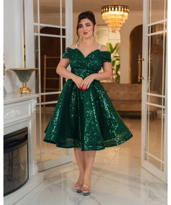 Altın Payetli Omuz Açık Drapeli Abiye Elbise