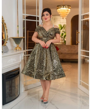 Altın Payetli Omuz Açık Drapeli Abiye Elbise