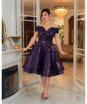 Altın Payetli Omuz Açık Drapeli Abiye Elbise