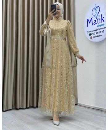 Analı Kızlı Boncuk Payet Elbise