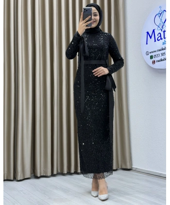 Analı Kızlı Boncuk Payet Midi Elbise