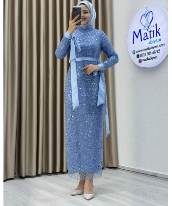 Analı Kızlı Boncuk Payet Midi Elbise