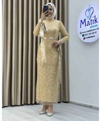 Analı Kızlı Boncuk Payet Midi Elbise