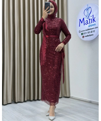 Analı Kızlı Boncuk Payet Midi Elbise