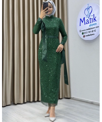 Analı Kızlı Boncuk Payet Midi Elbise