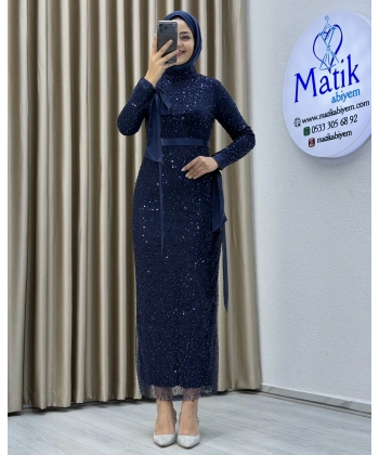 Analı Kızlı Boncuk Payet Midi Elbise