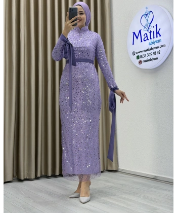 Analı Kızlı Boncuk Payet Midi Elbise
