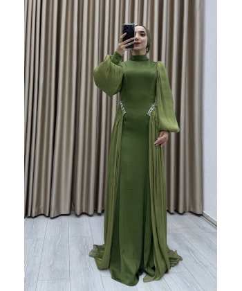 Bel Taş İşlemeli, Şifon Pile Detaylı, Balon Kollu, Dik Yaka, Uzun Boy, A Kesim Zarif Abiye Elbise