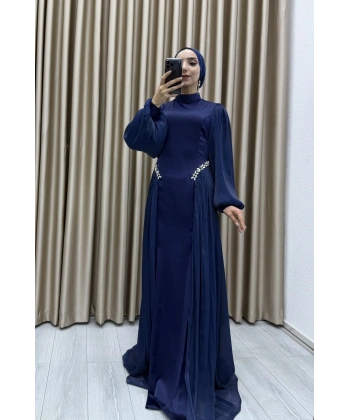 Bel Taş İşlemeli, Şifon Pile Detaylı, Balon Kollu, Dik Yaka, Uzun Boy, A Kesim Zarif Abiye Elbise