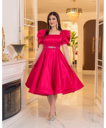 Bella Tafta Balon Kol Midi Elbise