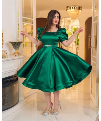 Bella Tafta Balon Kol Midi Elbise