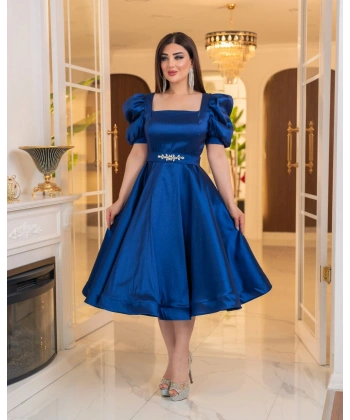 Bella Tafta Balon Kol Midi Elbise