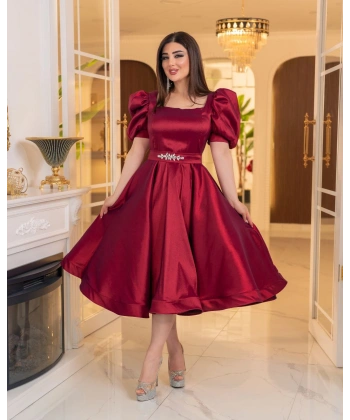 Bella Tafta Balon Kol Midi Elbise