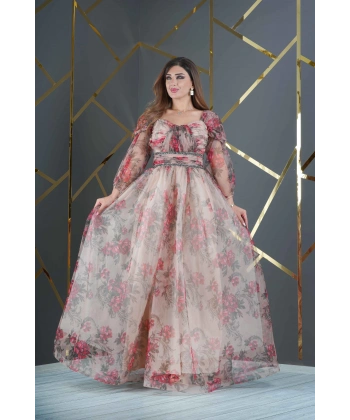 Dijital Baskılı Dekolteli Geniş Etekli Uzun Elbise Abiye