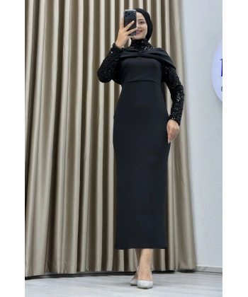 Drapeli Göğüs Detaylı, Payet İşlemeli Uzun Kollu Dik Yaka Kalem Kesim Şık Abiye Elbise