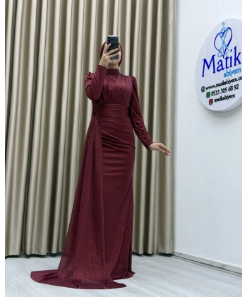 Drapeli Kuşak Detaylı Uzun Abiye Elbise