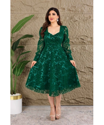 Esnek Tül Üzerine Flok Baskılı Astarı İnce Saten Kalp Dekolteli Midi Elbise Abiye