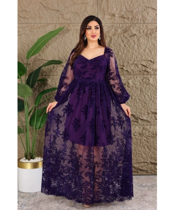 Esnek Tül Üzerine Flok Baskılı Dekolteli Elbise Abiye