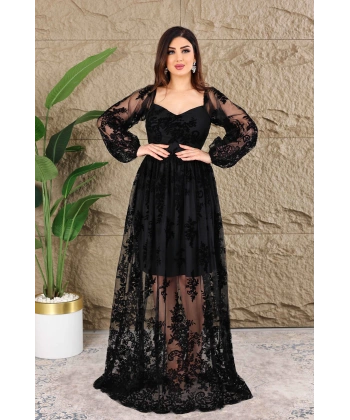 Esnek Tül Üzerine Flok Baskılı Dekolteli Elbise Abiye