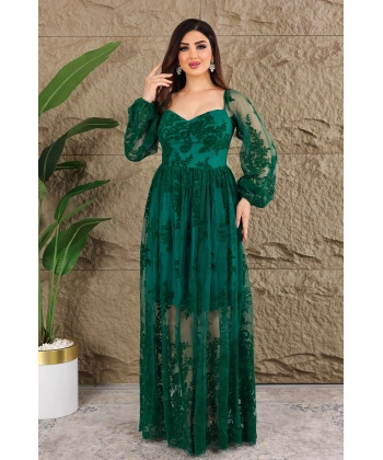 Esnek Tül Üzerine Flok Baskılı Dekolteli Elbise Abiye